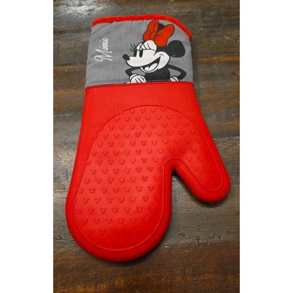 Disney Minnie Mouse Red Silicone Oven Mitt Gray Fabric Cuff Mickey Heads Texture - Picture 2 of 5